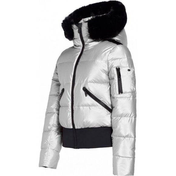 Goldbergh Metallic Silver Puffer with Black Fur - Picture 1 of 5